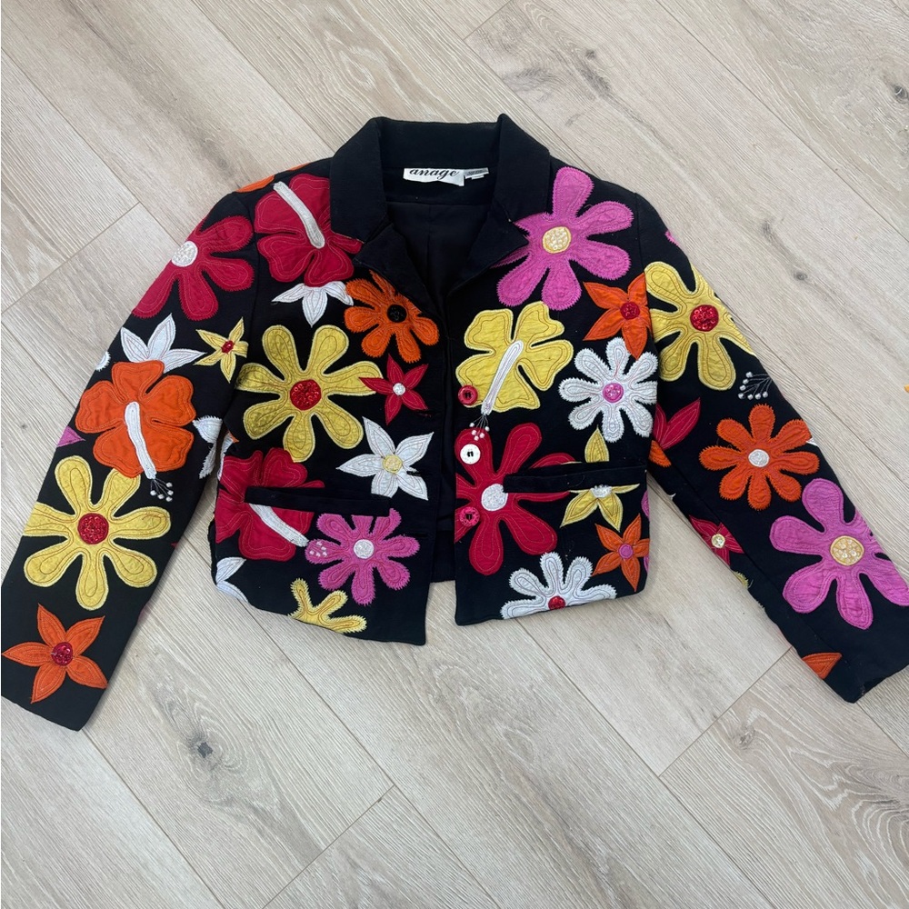 Anage vintage cotton floral retro floral cropped embroidered beaded blazer